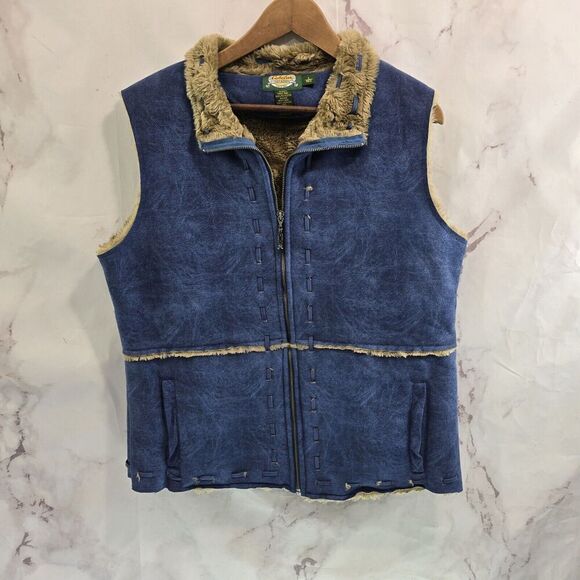 Cabelas Jacket Womens Large Blue Brown Faux Suede Fur Lined Sherpa Teddy Rustic - Picture 1 of 12
